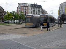 The departure platforms. The trams' destination displays are used to show how long until the tram departs (alternating with the destination and line number) so you can see which one departs first