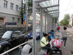 The eastbound platform for trams to Germaniaplatz via Essen Hauptbahnhof, and the entrance to the underground station for north- and southbound which serves it