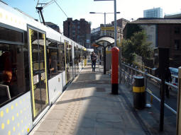 Looking along the platform for trams to Bury and Rochdale Railway Station from the Dantzic Street end
