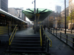 Approaching the northbound island platform with the left side for trams via Market Street and Piccadilly Gardens and the right side for trams via Exchange Square