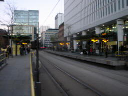 The platforms from the approach to the island for trams via Exchange Square, Market Street and Piccadilly Gardens