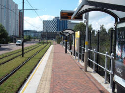 Looking towards MediaCityUK along the platform for trams to Manchester
