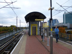 The island platform from the side for trams to Eccles, MediaCityUK and The Trafford Centre