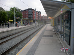 Looking along the platform for trams to East Didsbury
