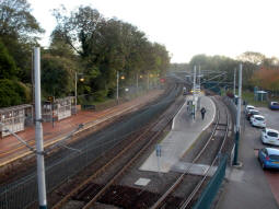 The railway platform and tram stop from the footbridge