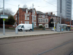 The island platform, the nearest side of which is not normally used, but can be used by trams to terminate from either direction, while the other side is for trams to Hucknall or Phoenix Park