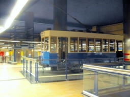 An old tram on display in the station concourse
