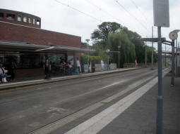 Two of the platforms: nearest is for south-westbound trams coming from the north, the other is for northbound trams